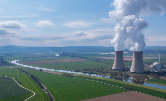 Aerial shot of a power plant from a distance