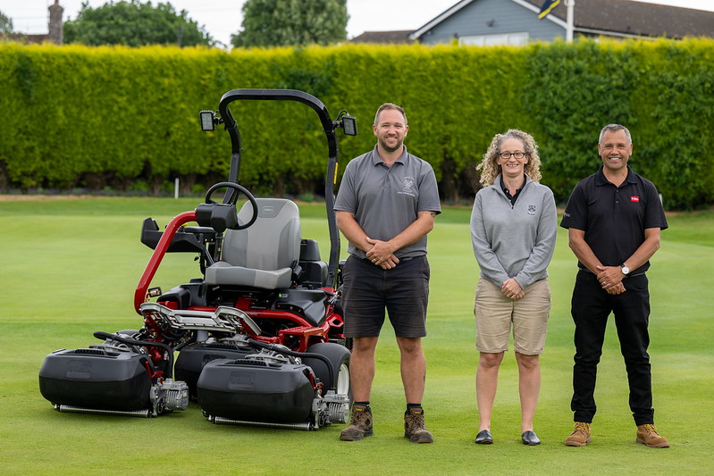 Course manager, Jamie Melham (left), general manager, Rebecca Prout (centre), and Reesink’s Peter Cornwall (right) with Highwoods Golf Club’s new flagship Toro Greensmaster TriFlex Hybrid 3420.