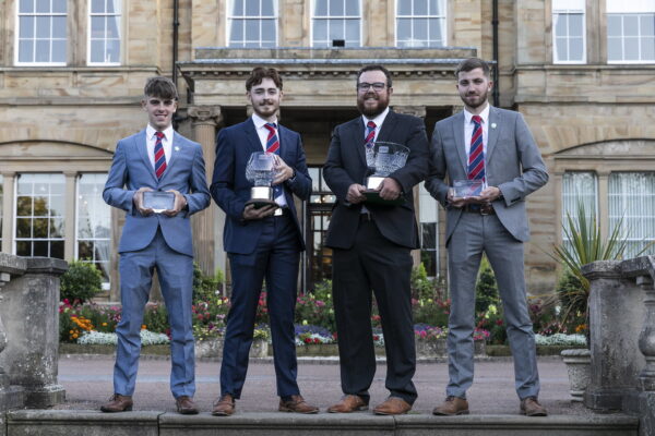 The Toro Student Greenkeeper of the Year Award was presented to Jack Vowell, centre right, and the Young Award was presented to Daniel Parker, centre left. Runner-up in the main category was Jack Wellings, right, and in the young category was Alex Fox, left.