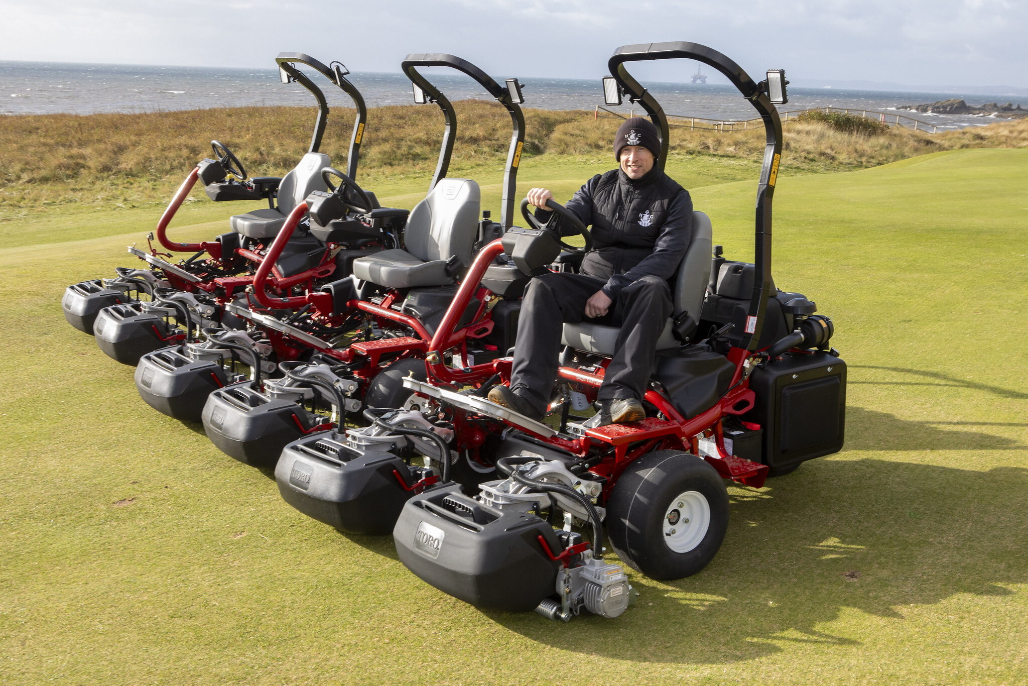 Course manager, Matt Baird, with his three new Greensmaster TriFlex 3420 mowers.