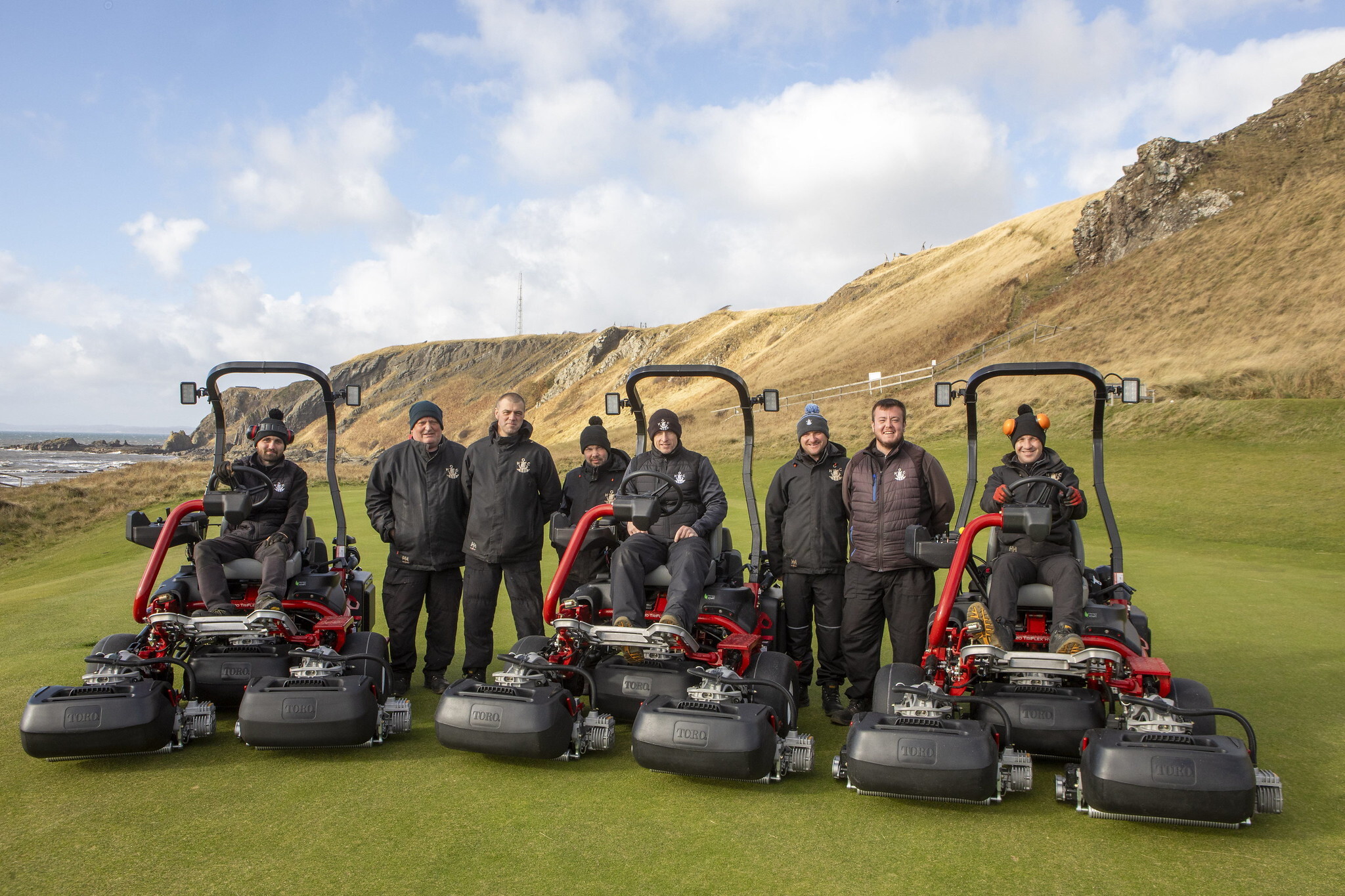 Course manager Matt Baird (centre) and The Golf Club House, Elie’s greenkeeping team with the club’s three new Toro Greensmasters 3420s.