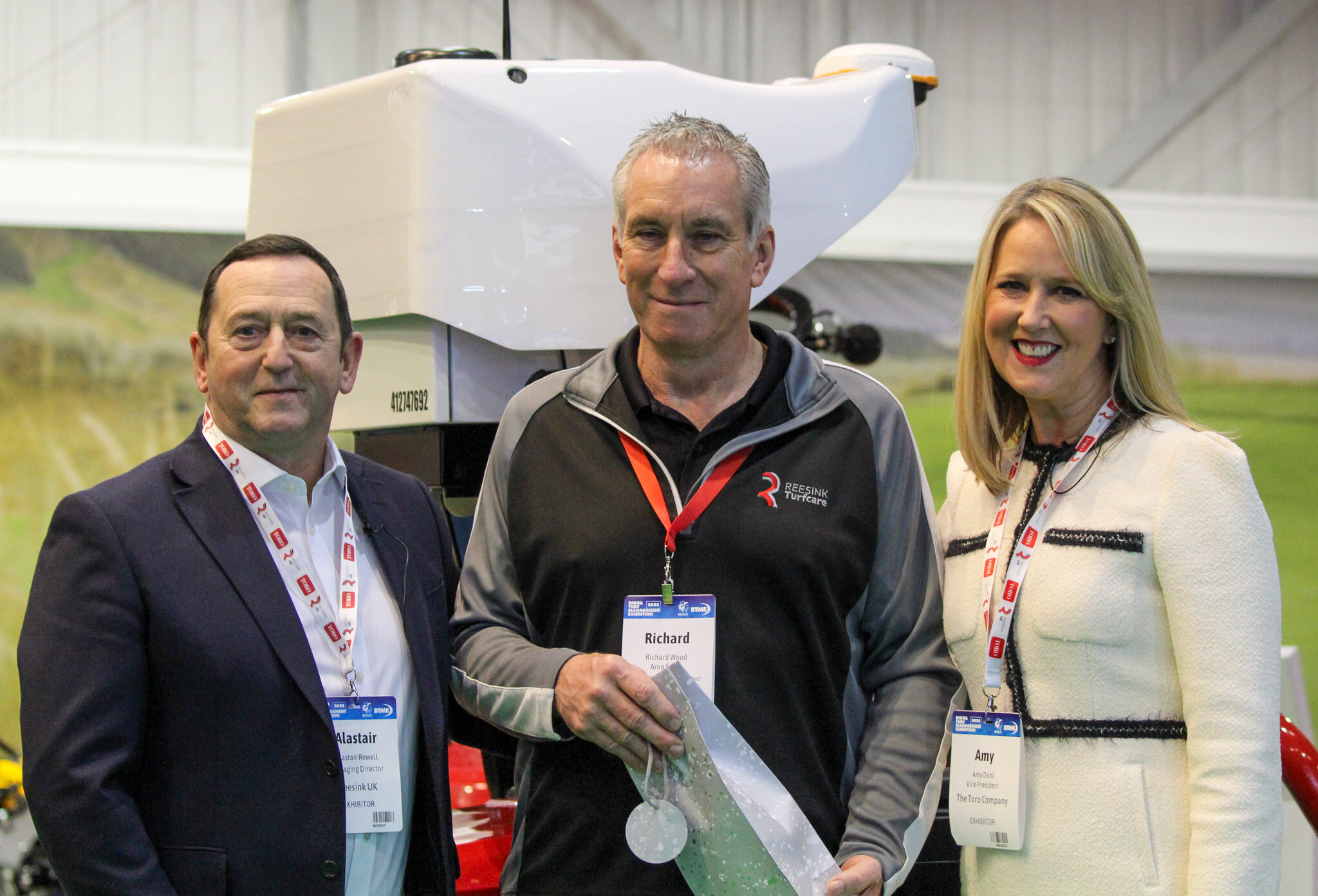 Richard Wood, centre, was presented the Toro International Master Salesperson award by Amy Dahl, Vice President of International Business at The Toro Company, with Alastair Rowell, Managing Director of Reesink UK.