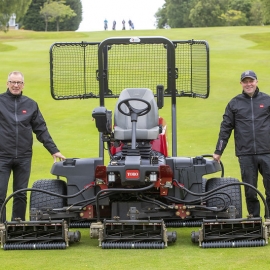 Course manager Graeme Holland from Canmore Golf Club (right) and Reesink rep Neil Mackenzie standing with the club’s new Toro Reelmaster 5010-H fairway mower.